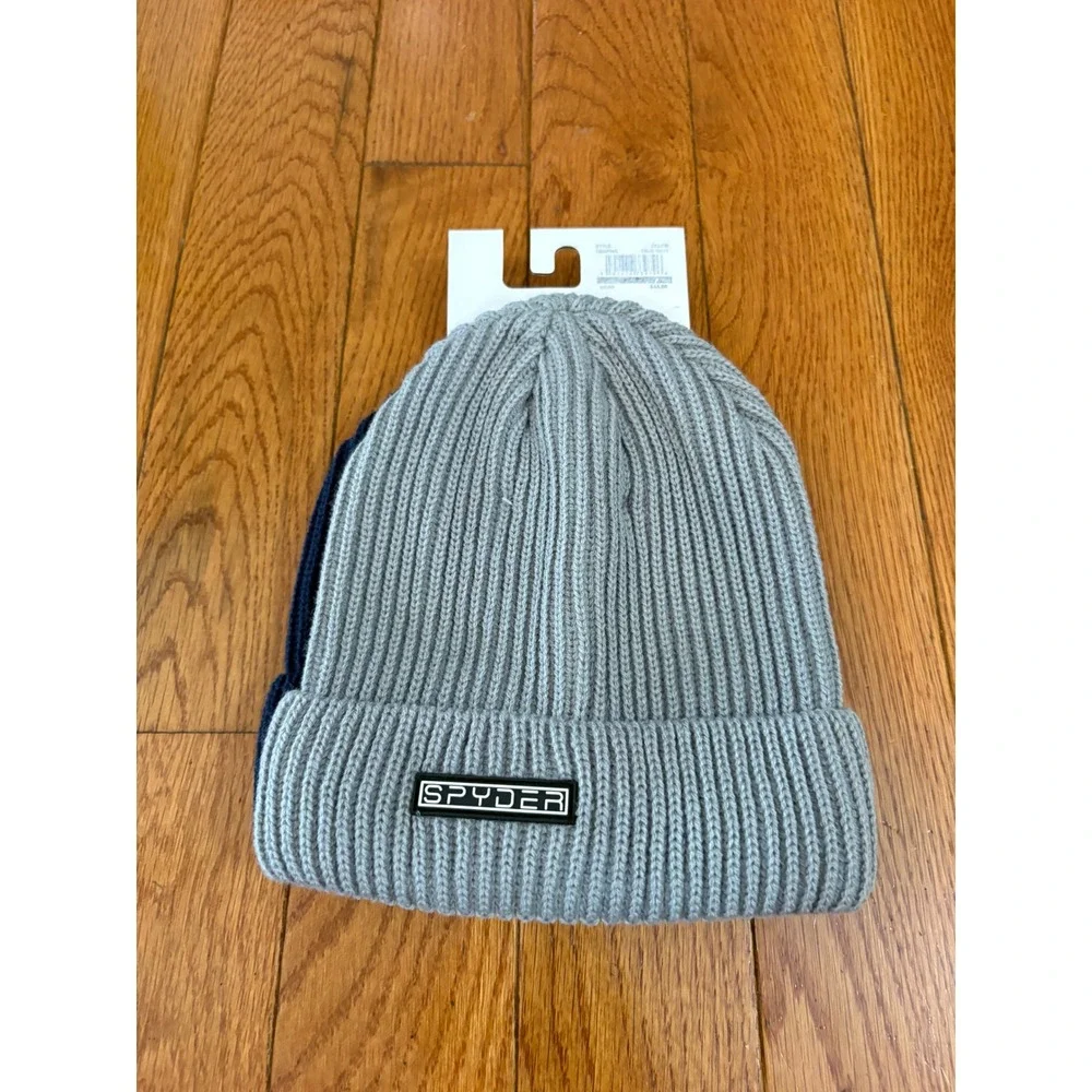 Spyder Kids Beanie 2 Pack Navy Blue Grey Ribbed Knit‎ Hat L/XL OBSP945 NEW $44